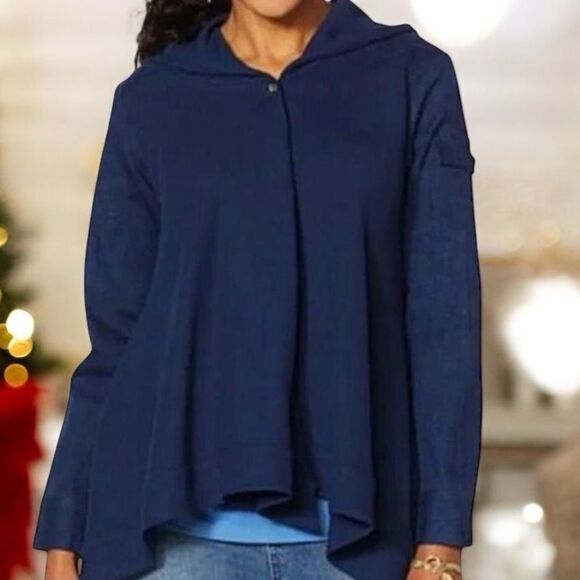 NWT DG2 Diane Gilman Indigo Blue Twill Knit Denim Combo Draped Jacket Size Med - Picture 2 of 11